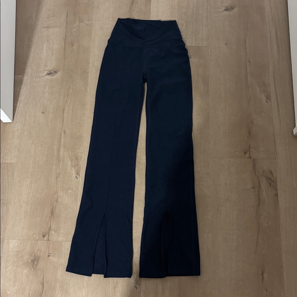 Dark blue space dye beyond yoga split hem High-Waist Black Flared Knit Pants